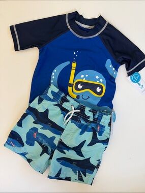 Carters Swim Set Shorts Rash Guard Blue Octopus Shark Toddler Boys New